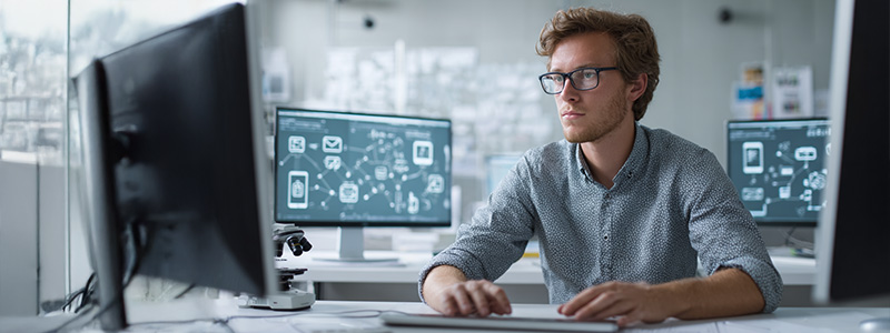 Computer science student reviewing final year project options, surrounded by icons of AI, web development, and data analysis, symbolizing academic and career paths