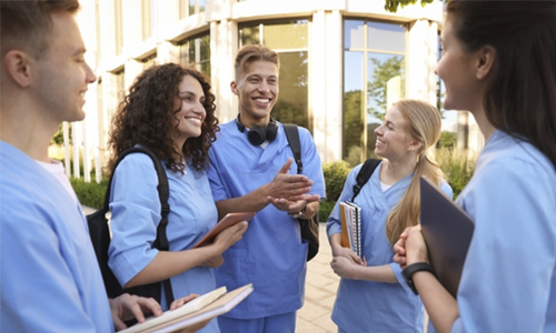 Group of medical students in uniforms near building outdoors